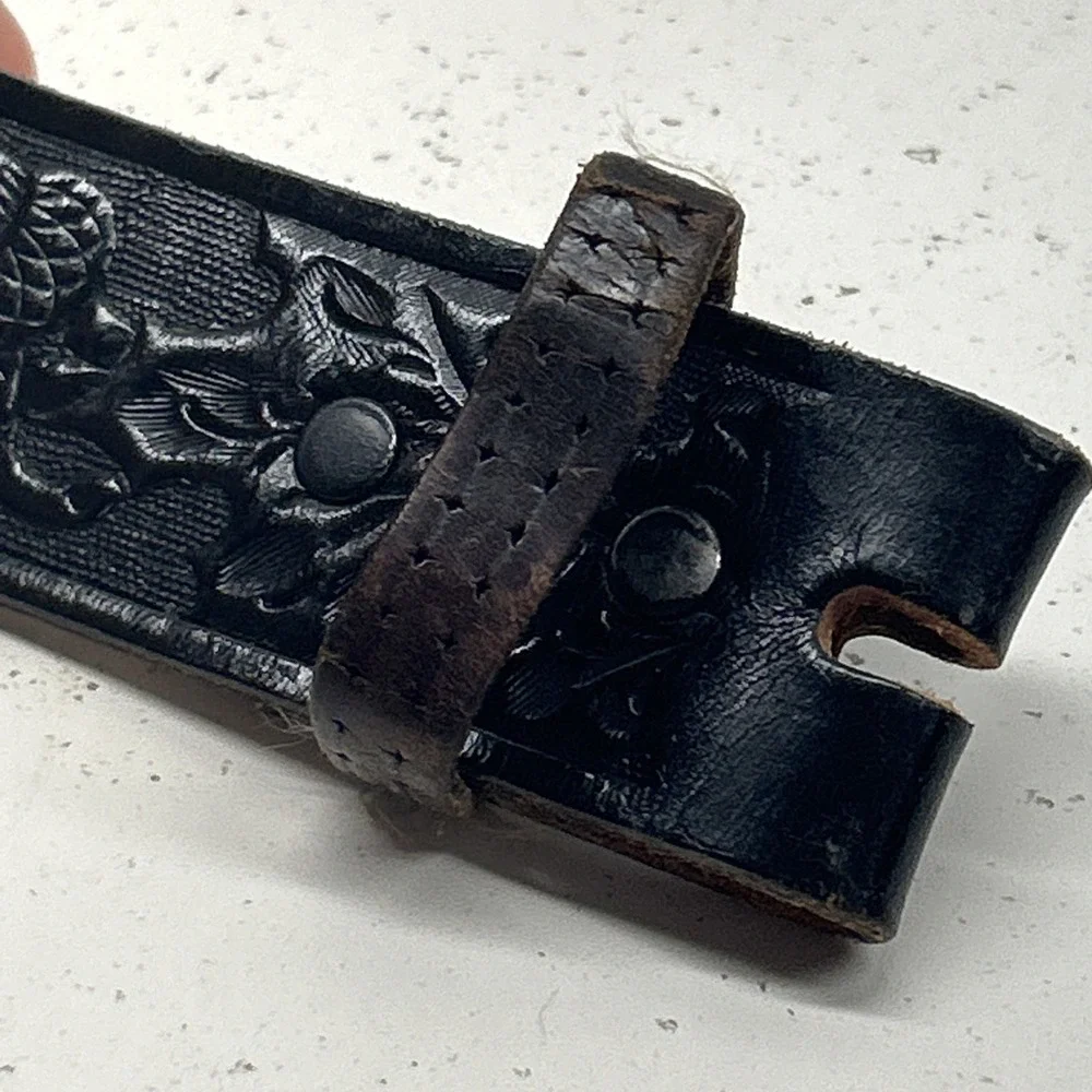 Vintage Chambers Phoenix Tooled Black Leather Western Belt Size 40 USA Cowboy